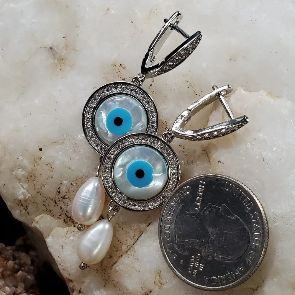 Rhodium Platinum plated Earrings Topaz Pave Pearl Evil Eye Mother Of Pearl